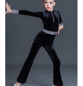 Girls kids black velvet with white plaid ballroom latin dance costumes modern salsa chacha dance tops and pants gown for girls juvenile